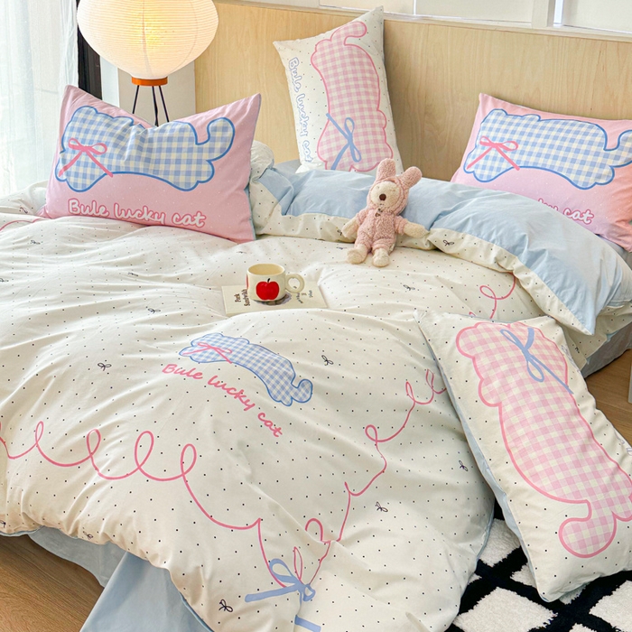 91家纺网 家纺一手货源 找家纺 千朵 2024新款13372全棉大版四件套 格子猫