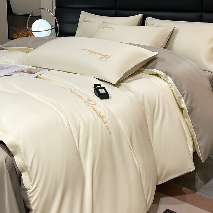 91家纺网 家纺一手货源 找家纺 澳梵 2024新款水洗真丝刺绣四件套 芭特芙-奶白咖