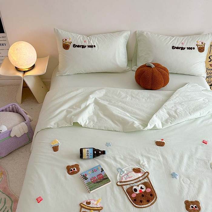 91家纺网 家纺一手货源 找家纺 柚子 2024新款全棉水洗新疆棉夏被四件套 珍珠奶茶