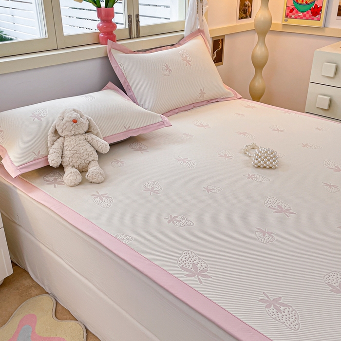 91家纺网 家纺一手货源 找家纺 慕澄 2024新款A类PE提花凉感豆豆复合款凉席 提花豆豆-草莓粉