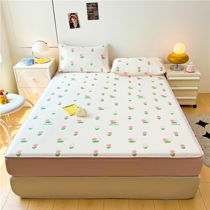 91家纺网 家纺一手货源 找家纺 喜居 2024新款碳光冰丝席床笠款 粉色郁金香