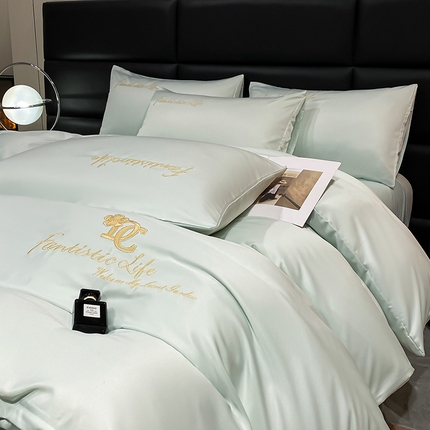 澳梵 2024新款水洗真丝刺绣四件套 米兰生活-水绿