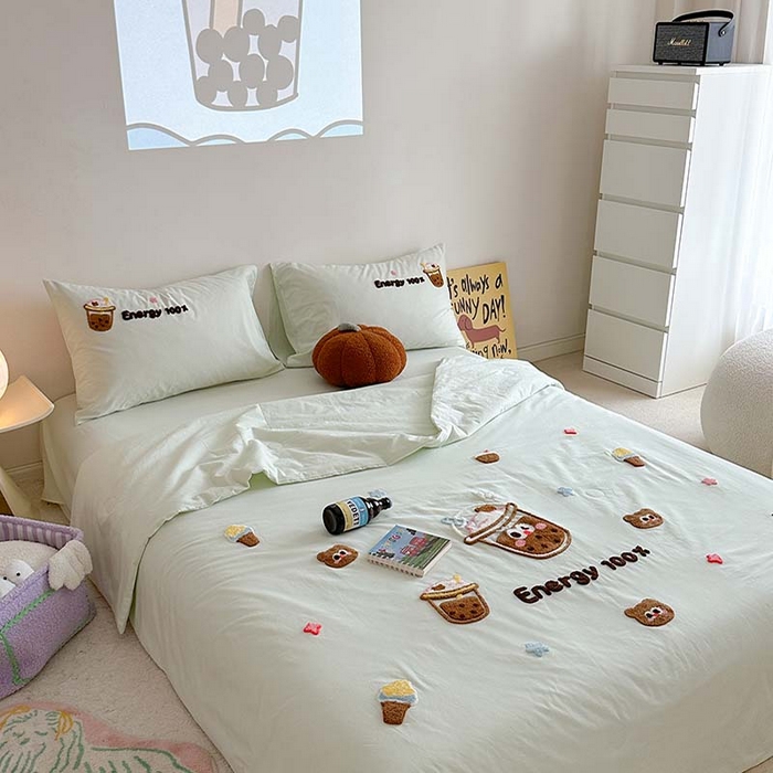 91家纺网 家纺一手货源 找家纺 柚子 2024新款全棉水洗新疆棉夏被四件套 珍珠奶茶