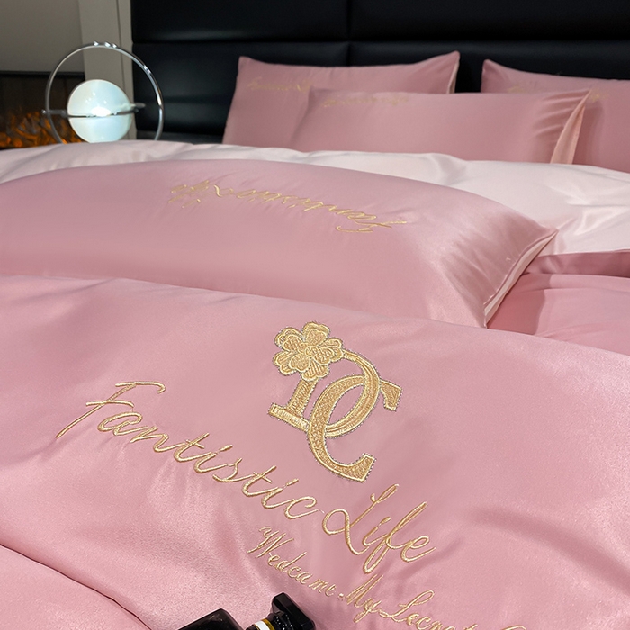 91家纺网 家纺一手货源 找家纺 澳梵 2024新款水洗真丝刺绣四件套 米兰生活-豆沙红粉玉