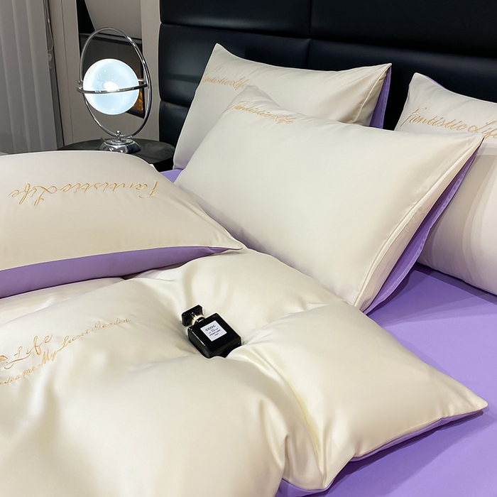 91家纺网 家纺一手货源 找家纺 澳梵 2024新款水洗真丝刺绣四件套 米兰生活-白紫