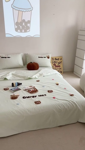 91家纺网 家纺一手货源 找家纺 柚子 2024新款全棉水洗新疆棉夏被四件套 珍珠奶茶