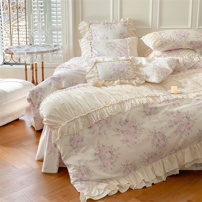 91家纺网 家纺一手货源 找家纺 婳庭家居 2024新款法式全棉印花四件套 花卉-淡粉