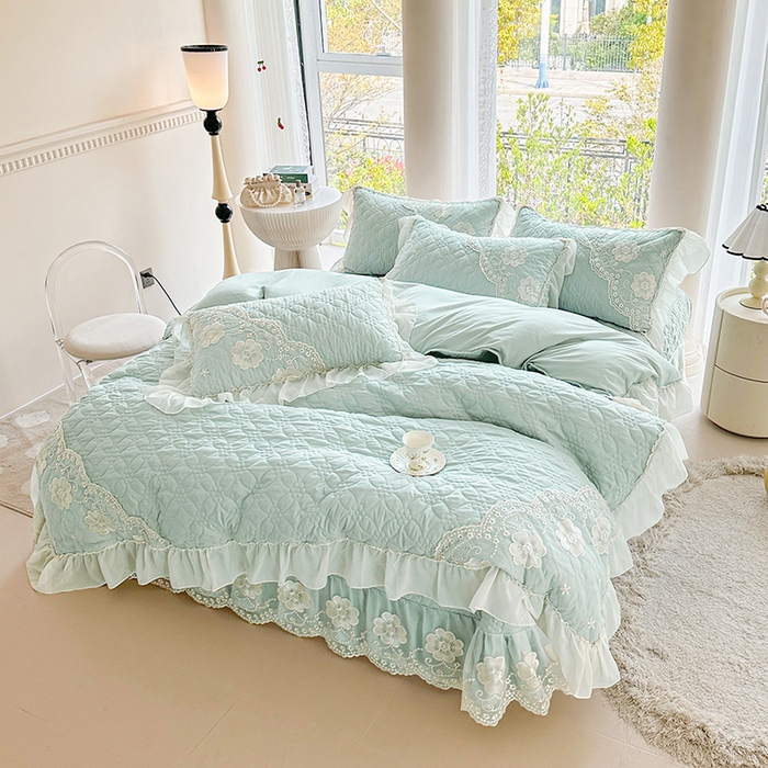 91家纺网 家纺一手货源 找家纺 罗艺轩 2024新款公主风水洗棉全夹棉床盖款四件套-盛宴 盛宴-海盐蓝