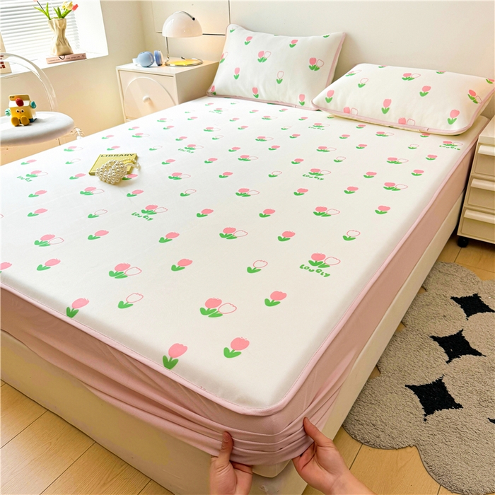 91家纺网 家纺一手货源 找家纺 喜居 2024新款碳光冰丝席床笠款 粉色郁金香