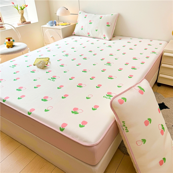 91家纺网 家纺一手货源 找家纺 喜居 2024新款碳光冰丝席床笠款 粉色郁金香