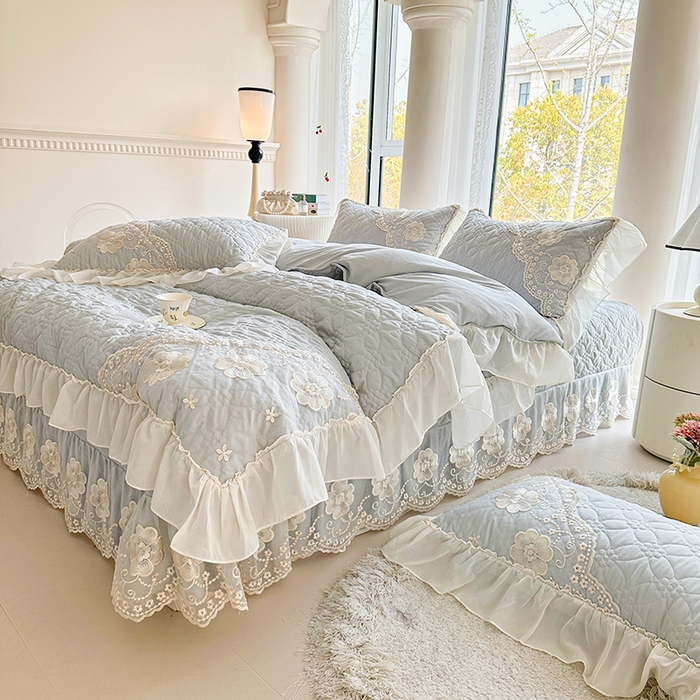 91家纺网 家纺一手货源 找家纺 罗艺轩 2024新款公主风水洗棉全夹棉床盖款四件套-盛宴 盛宴-迷雾灰