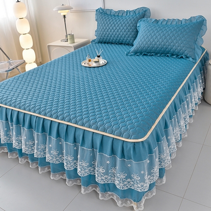 91家纺网 家纺一手货源 找家纺 民新家纺 2025新款凉感丝乳胶床裙凉席唯美系列 唯美-海天蓝