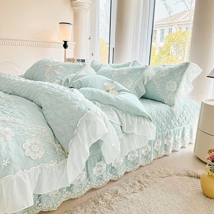 91家纺网 家纺一手货源 找家纺 罗艺轩 2024新款公主风水洗棉全夹棉床盖款四件套-盛宴 盛宴-海盐蓝