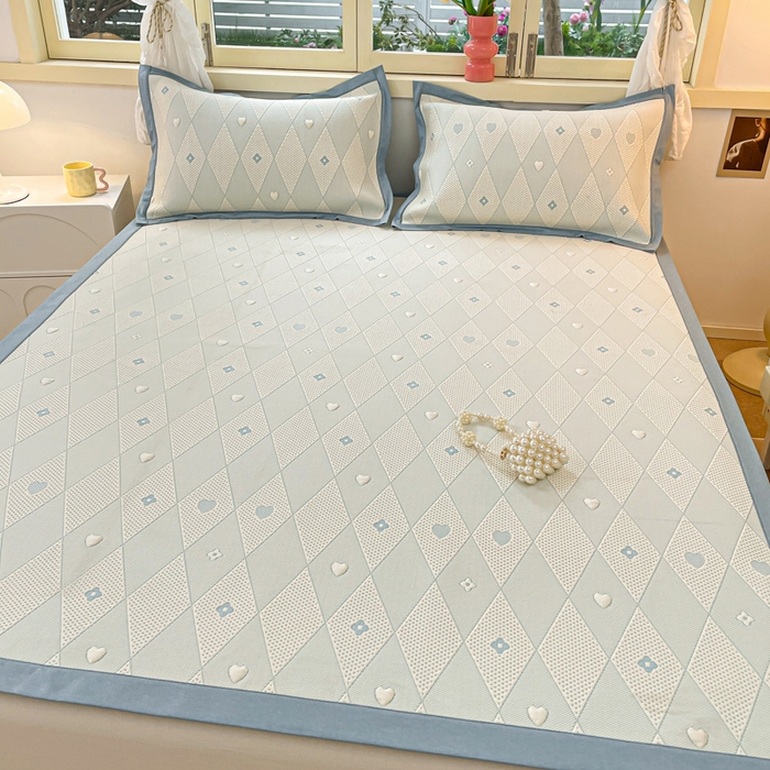 91家纺网 家纺一手货源 找家纺 慕澄 2024新款A类PE提花凉感豆豆复合款凉席 提花豆豆-菱格蓝