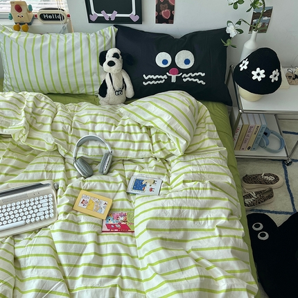 91家纺网 家纺一手货源 找家纺 （总）原素 2024新款水洗棉多巴胺条纹眼睛款毛巾绣四件套