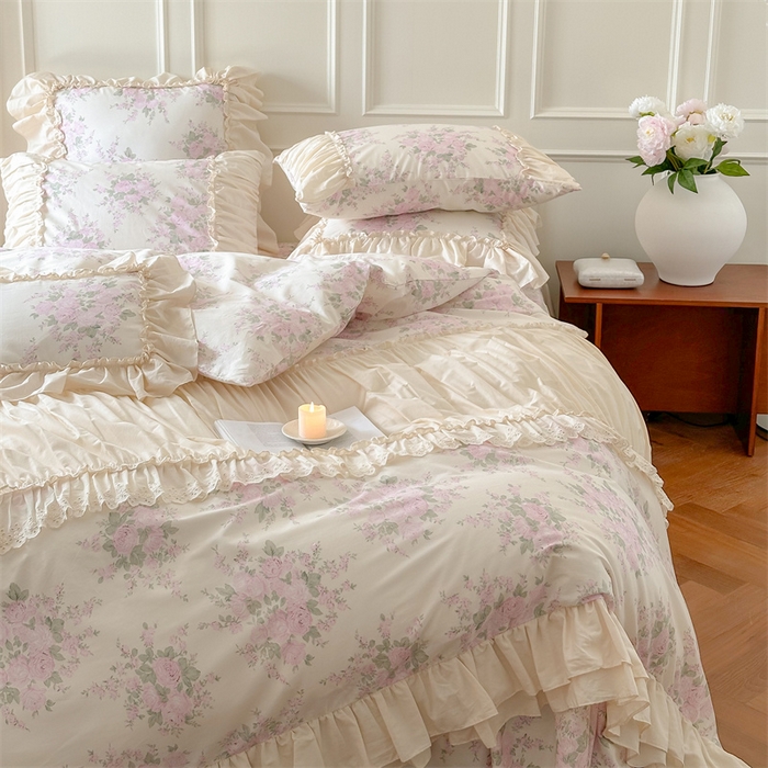 91家纺网 家纺一手货源 找家纺 婳庭家居 2024新款法式全棉印花四件套 花卉-淡粉