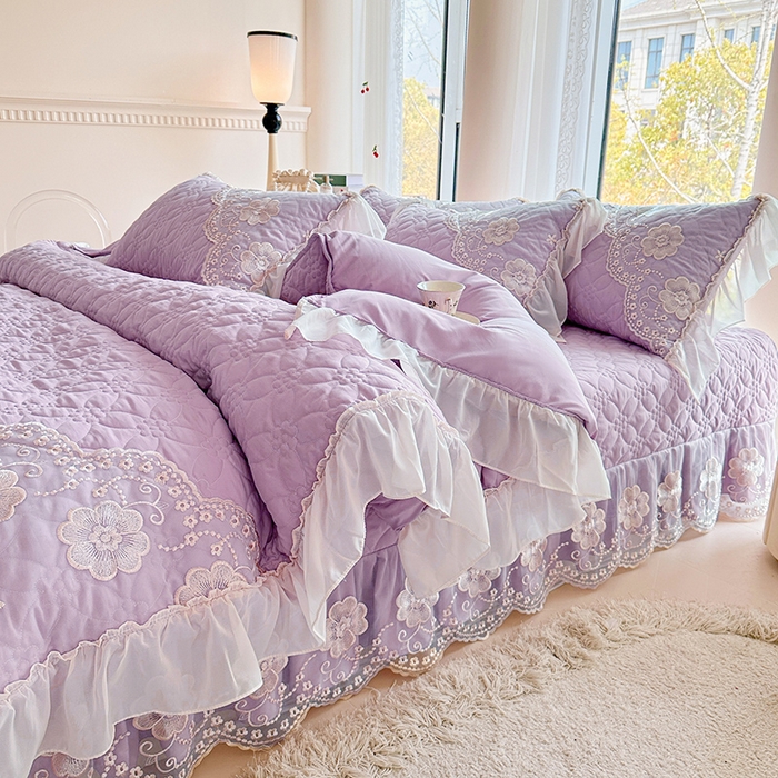 91家纺网 家纺一手货源 找家纺 罗艺轩 2024新款公主风水洗棉全夹棉床盖款四件套-盛宴 盛宴-茉莉紫