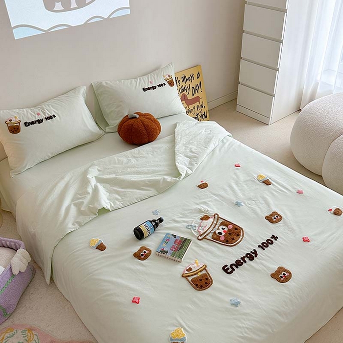 91家纺网 家纺一手货源 找家纺 柚子 2024新款全棉水洗新疆棉夏被四件套 珍珠奶茶