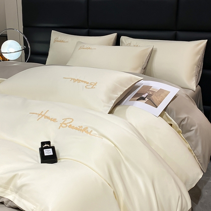 澳梵 2024新款水洗真丝刺绣四件套 芭特芙-奶白咖