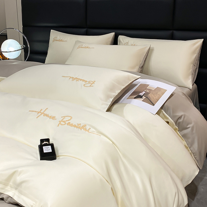 91家纺网 家纺一手货源 找家纺 澳梵 2024新款水洗真丝刺绣四件套 芭特芙-奶白咖