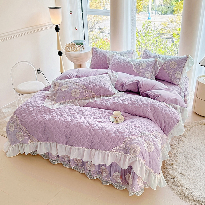 91家纺网 家纺一手货源 找家纺 罗艺轩 2024新款公主风水洗棉全夹棉床盖款四件套-盛宴 盛宴-茉莉紫