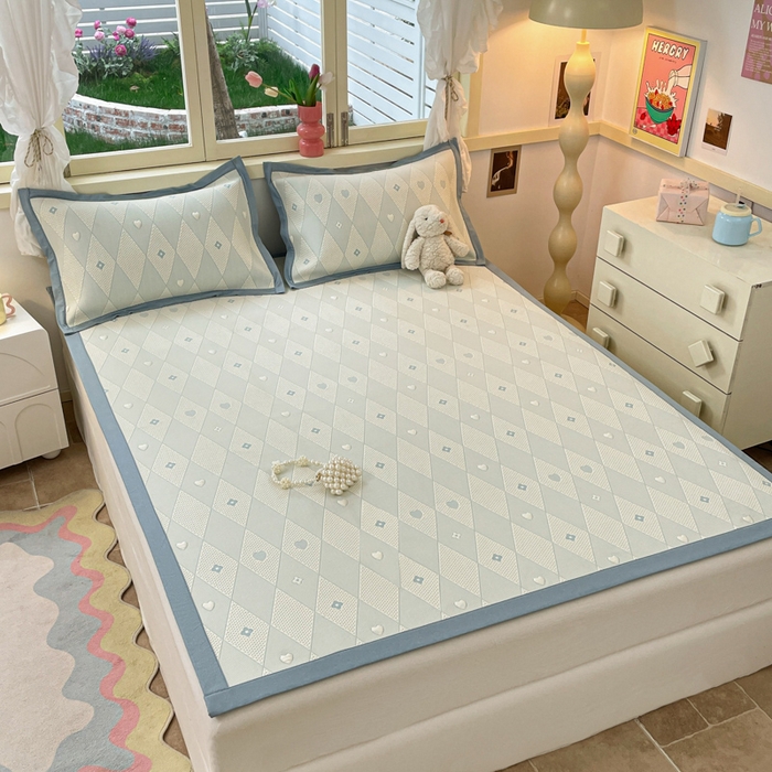 91家纺网 家纺一手货源 找家纺 慕澄 2024新款A类PE提花凉感豆豆复合款凉席 提花豆豆-菱格蓝