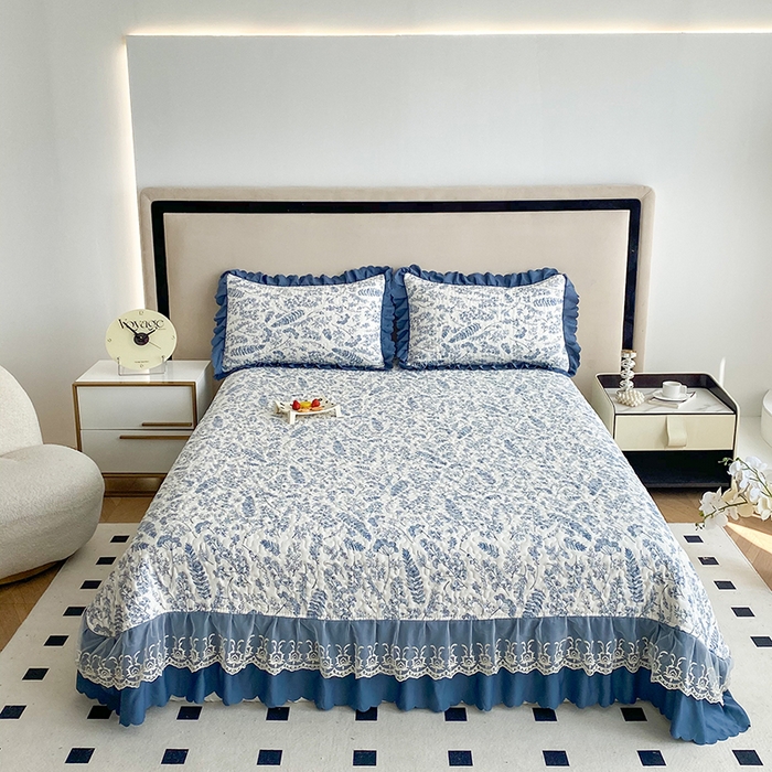 91家纺网 家纺一手货源 找家纺 艺慕家纺 2025新款水洗棉麻双层纱夏被床盖四件套 青花瓷