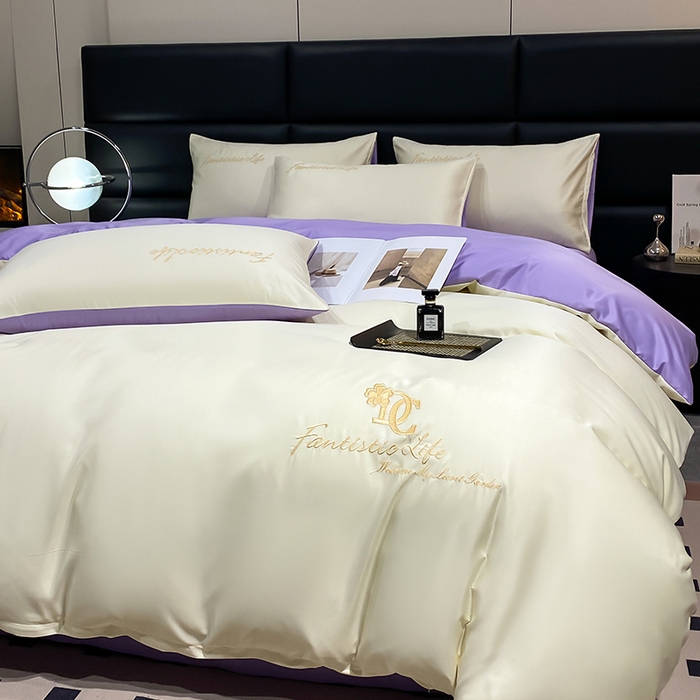 91家纺网 家纺一手货源 找家纺 澳梵 2024新款水洗真丝刺绣四件套 米兰生活-白紫