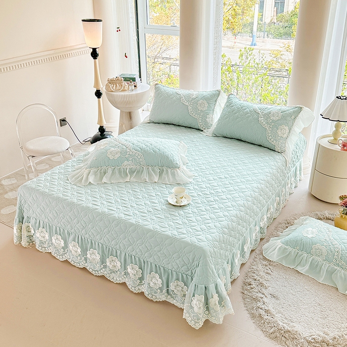 91家纺网 家纺一手货源 找家纺 罗艺轩 2024新款公主风水洗棉全夹棉床盖款三件套-盛宴 盛宴-海盐蓝