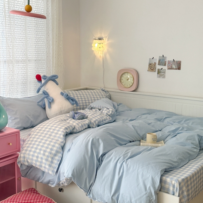 91家纺网 家纺一手货源 找家纺 昔可家纺 2024新款全棉纯色格子系列四件套 海盐蓝椰