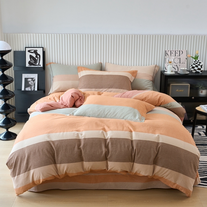 91家纺网 家纺一手货源 找家纺 三沁家居 2024新款格子色织全棉水洗棉四件套 宽边 芭提雅