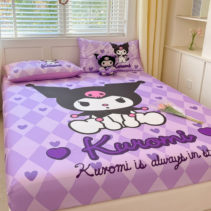 91家纺网 家纺一手货源 找家纺 金爱家 2024新款全棉三丽鸥正版大版单品床笠 桃心库洛米