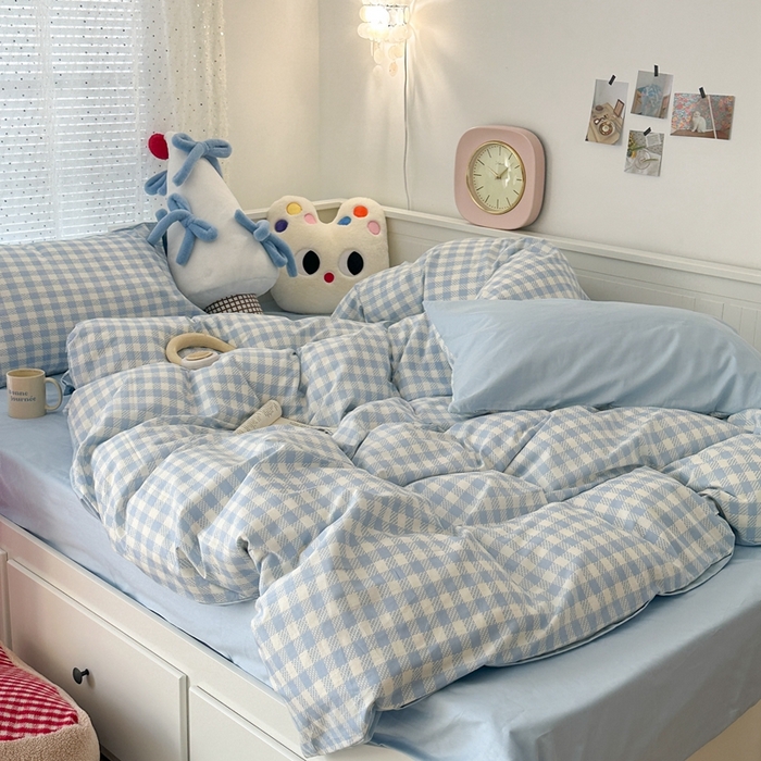 91家纺网 家纺一手货源 找家纺 （总）昔可家纺 2024新款全棉纯色格子系列四件套