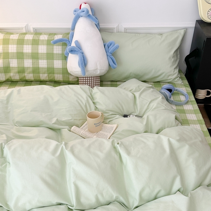 91家纺网 家纺一手货源 找家纺 昔可家纺 2024新款全棉纯色格子系列四件套 青柠薄荷