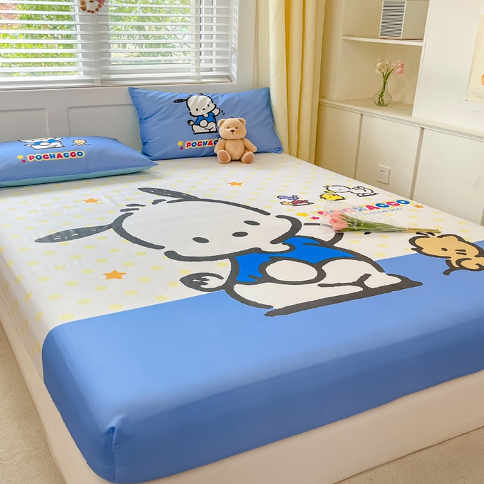 91家纺网 家纺一手货源 找家纺 金爱家 2024新款全棉三丽鸥正版大版单品床笠 星星帕哈狗