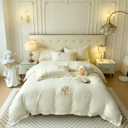 91家纺网 家纺一手货源 找家纺 红嘴企鹅 2025新款水洗冰丝山茶花系列四件套 山茶花奶白