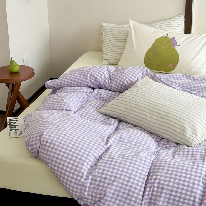 91家纺网 家纺一手货源 找家纺 艾沁家纺  2024新款32支全棉色织水洗棉四件套-紫猫+肥梨 紫格子