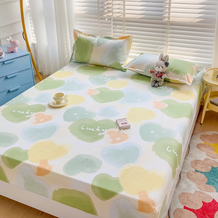 91家纺网 家纺一手货源 找家纺 楠沐家纺 2025新款亲肤印花芦荟棉水洗棉床笠系列 幸运心