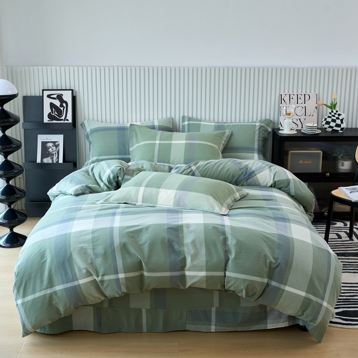 91家纺网 家纺一手货源 找家纺 三沁家居 2024新款格子色织全棉水洗棉四件套 宽边 格调-绿