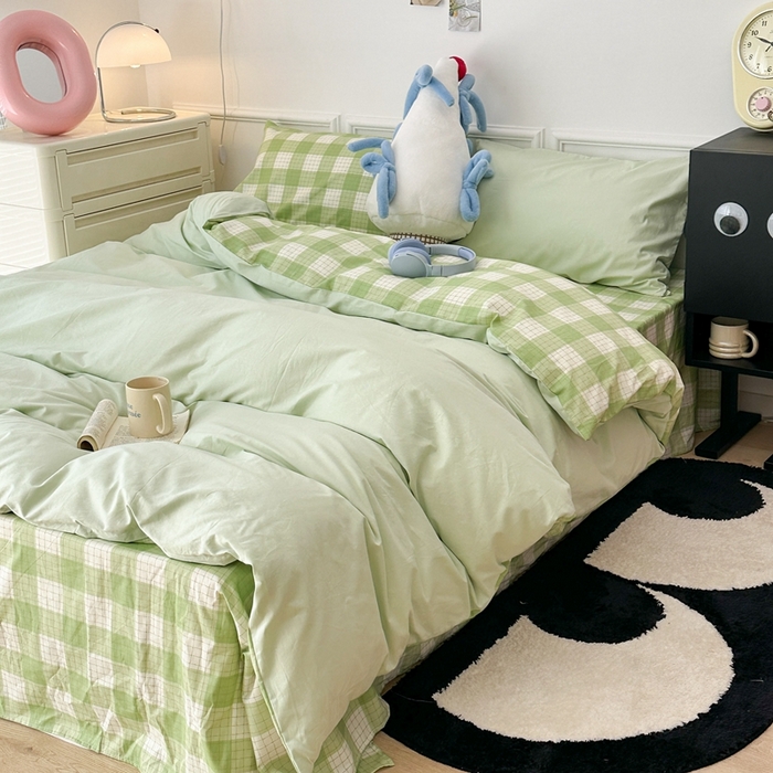 91家纺网 家纺一手货源 找家纺 昔可家纺 2024新款全棉纯色格子系列四件套 青柠薄荷