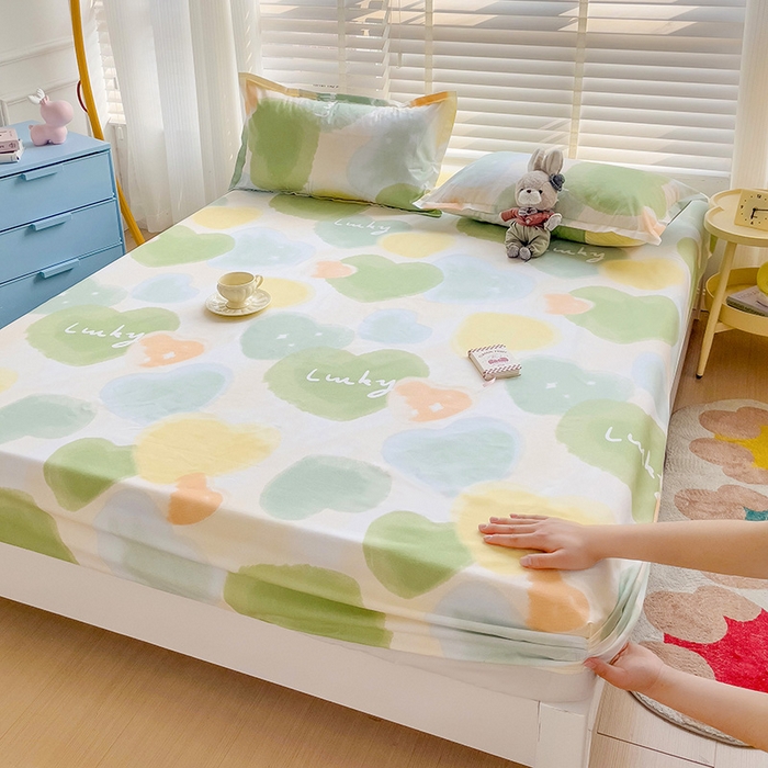 91家纺网 家纺一手货源 找家纺 楠沐家纺 2025新款亲肤印花芦荟棉水洗棉床笠系列 幸运心