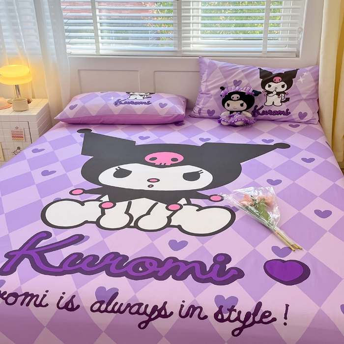 91家纺网 家纺一手货源 找家纺 金爱家 2024新款全棉三丽鸥正版大版单品床笠 桃心库洛米