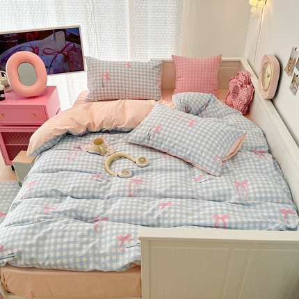 昔可家纺 2024新款全棉条纹格子四件套--蝴蝶结系列 蓝格子蝴蝶结