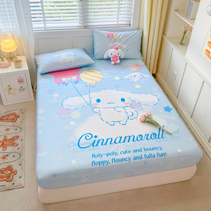 91家纺网 家纺一手货源 找家纺 金爱家 2024新款全棉三丽鸥正版大版单品床笠 气球玉桂狗