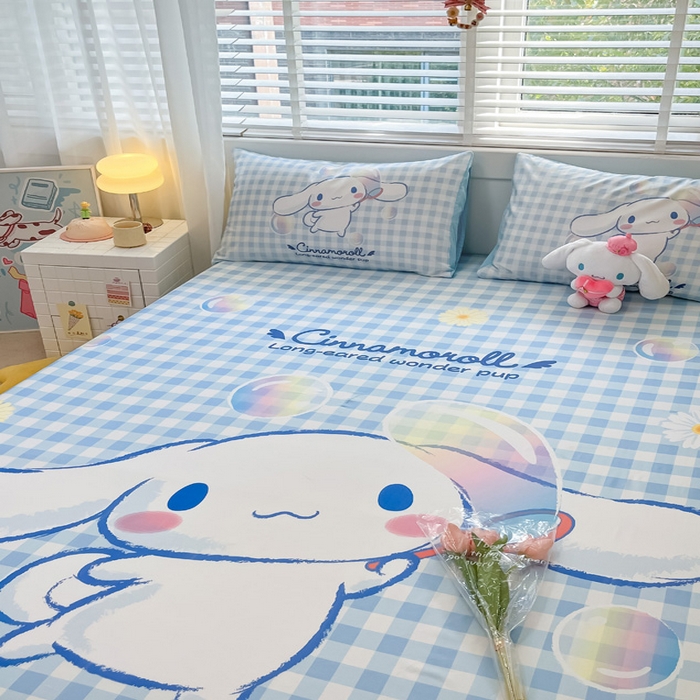 91家纺网 家纺一手货源 找家纺 金爱家 2024新款全棉三丽鸥正版大版单品床笠 泡泡玉桂狗