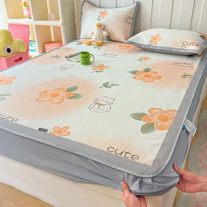 91家纺网 家纺一手货源 找家纺 安哆啦家纺 安哆啦家纺 2024新款A类冰藤印花凉席 桔花猫-床笠款