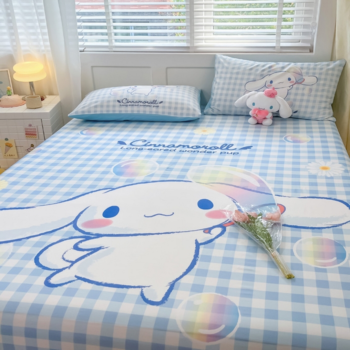 91家纺网 家纺一手货源 找家纺 金爱家 2024新款全棉三丽鸥正版大版单品床笠 泡泡玉桂狗