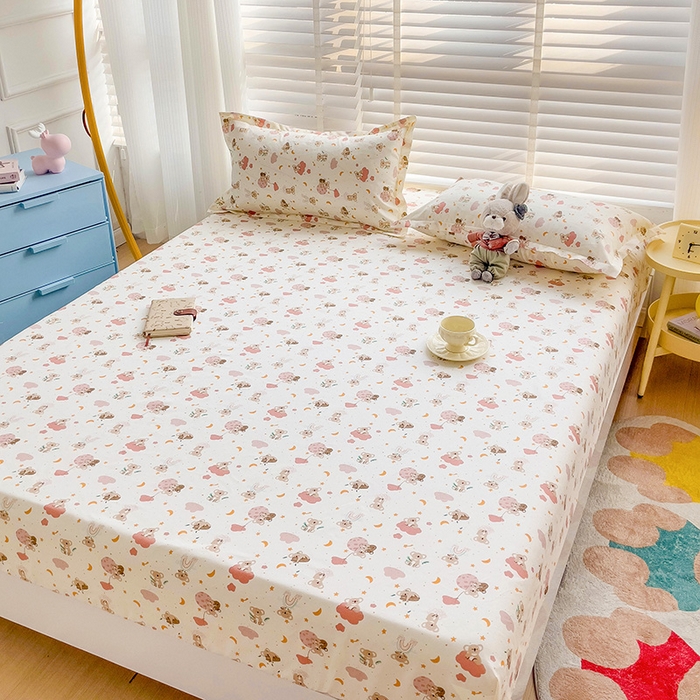 91家纺网 家纺一手货源 找家纺 楠沐家纺 2025新款亲肤印花芦荟棉水洗棉床笠系列 彩虹猴