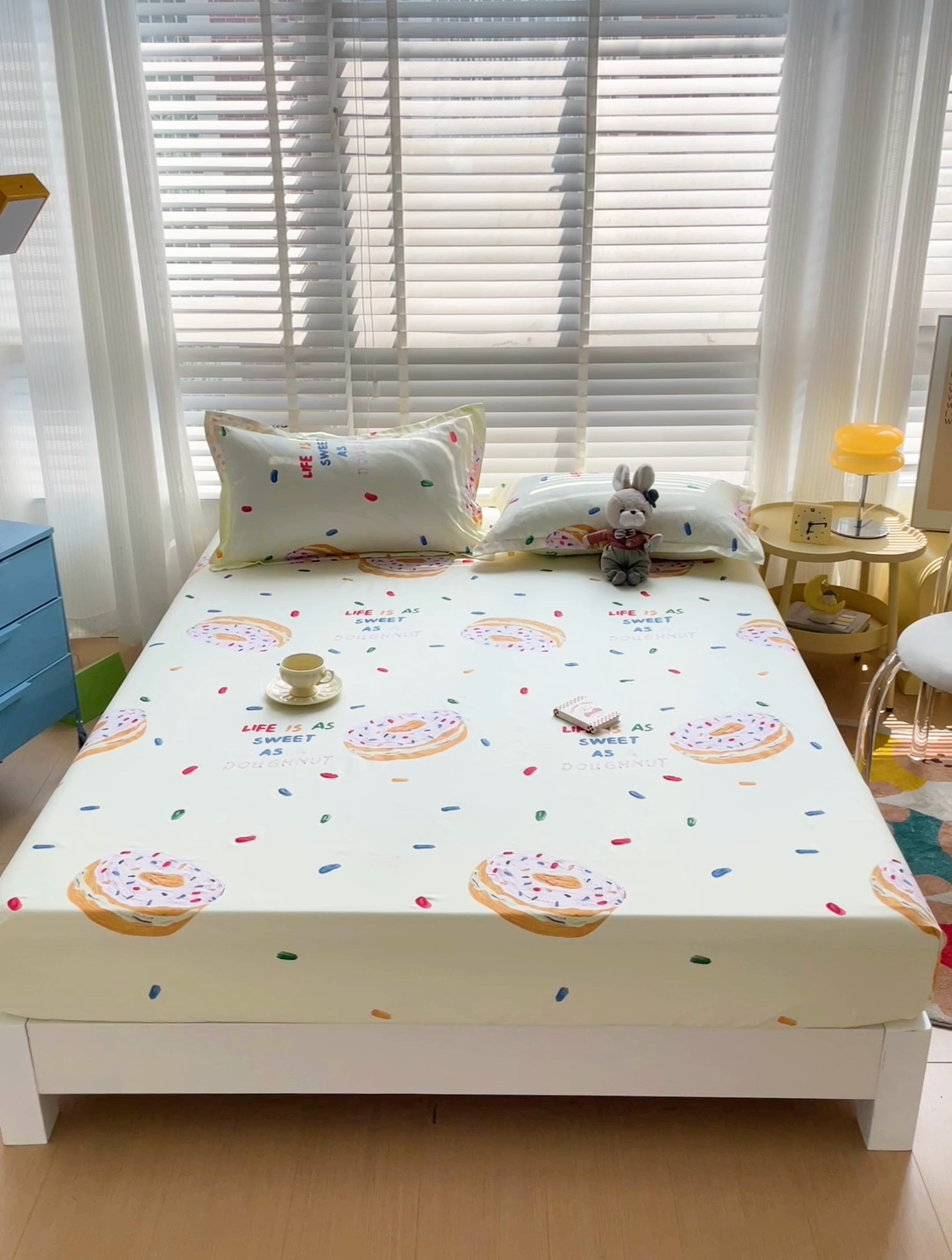 91家纺网 家纺一手货源 找家纺 楠沐家纺 2025新款亲肤印花芦荟棉水洗棉床笠系列 甜甜圈