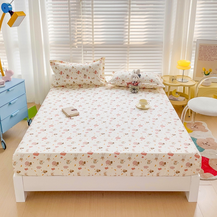 91家纺网 家纺一手货源 找家纺 楠沐家纺 2025新款亲肤印花芦荟棉水洗棉床笠系列 彩虹猴